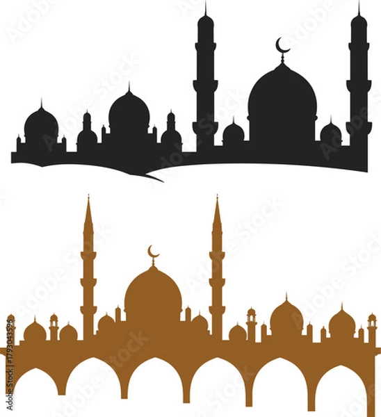 Fototapeta Islamic mosque silhouette vector graphics, minarets and domes, architectural design