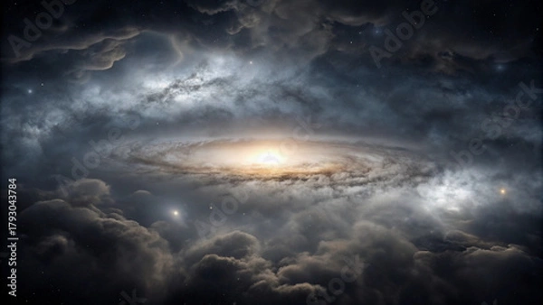 Fototapeta Swirling galaxy with bright central core surrounded by dark cosmic clouds and stars space cosmos Background