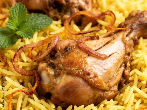 Obraz Close-up Macro Shot of Chicken Biryani with Saffron Rice and Fried Onions