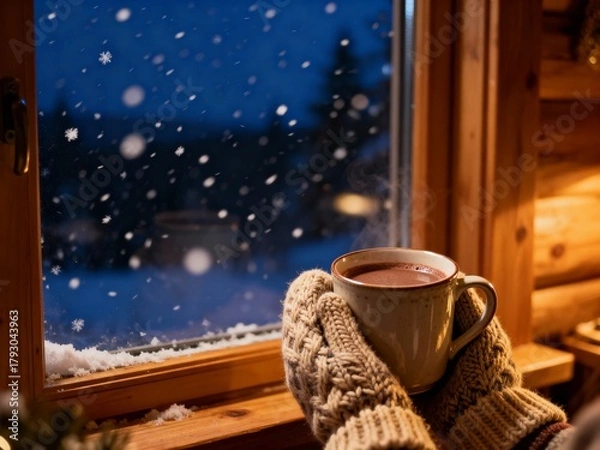 Fototapeta Hands in Knit Mittens Holding a Steaming Mug of Hot Chocolate by a Snowy Window