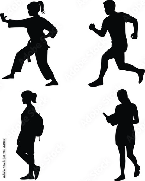Fototapeta Four diverse silhouettes show people engaged in different activities: martial arts, running, student, and reading