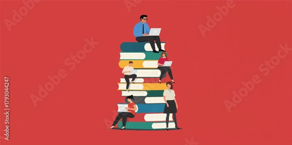 Fototapeta Education, learning, study, knowledge, books, stack of books, tower, students, e-learning, online education, academic, success, achievement, reading, research, laptop, remote learning, wisdom, growth,
