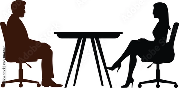 Fototapeta Job interview between a man and a woman sitting at a table, silhouettes
