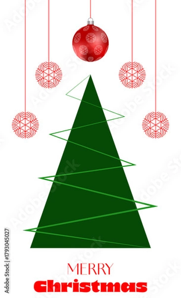 Fototapeta Merry christmas wishes with tree and snowflakes hanging balls