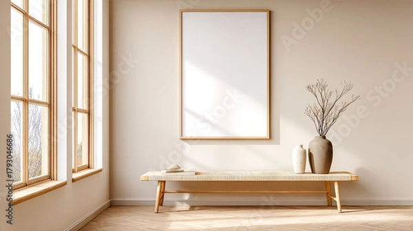 Obraz Warme, minimalistische Interiors in Beige- und Naturtönen mit klaren Poster-Mockups an ruhigen, modernen Wänden. Zeitlose Möbel, sanftes Tageslicht und dezente Dekoration