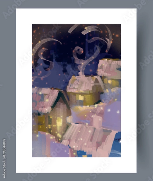 Obraz Peaceful winter village with glowing windows and falling snow