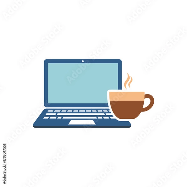 Fototapeta Laptop sits next to a steaming cup of coffee on a white desk, representing remote work and a cozy, productive atmosphere.