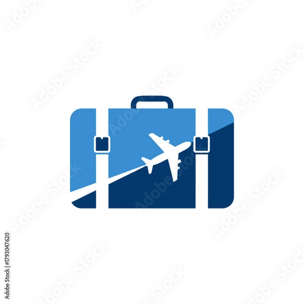 Fototapeta Blue suitcase with airplane silhouette symbolizes travel and adventure, inviting viewers to embark on exciting journeys and explore new destinations, evoking wanderlust.