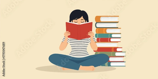 Fototapeta reading illustration, student, woman reading, studying, education, knowledge, stack of books, literature, vector illustration, flat design, e-learning, online education, line icons, minimalist, outlin