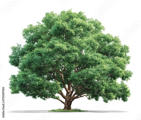 Fototapeta Full tree with leafy green canopy and sturdy brown trunk on white