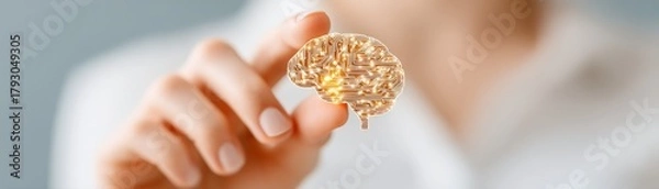 Fototapeta Leadership Development and Growth Strategies, A person holds a brain model symbolizing neuroscience and technology innovation.