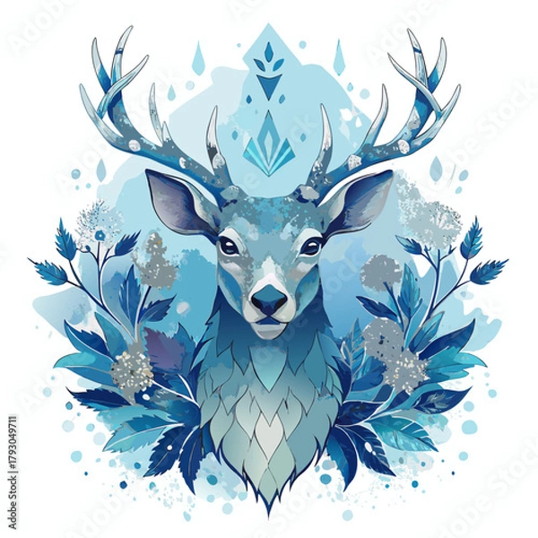 Fototapeta Watercolor deer portrait with floral elements