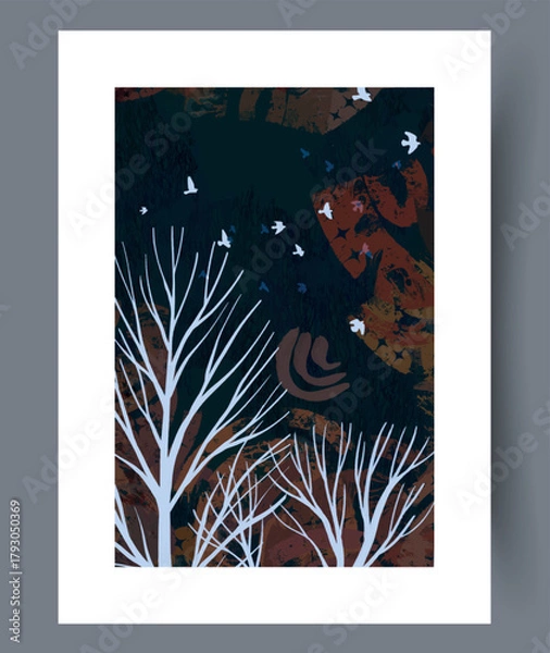 Obraz Tall trees are silhouetted against night sky with flying birds