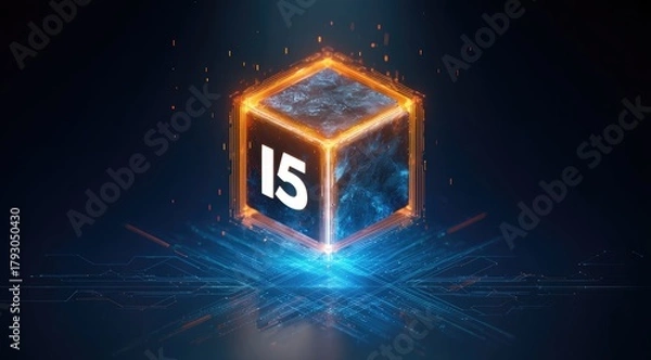 Fototapeta Glowing i5 marked cube hovers over lit tech surface, dark blue gradient backdrop