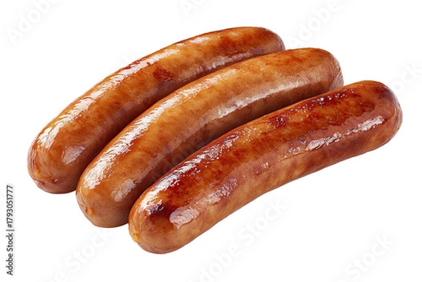 Fototapeta Three cooked sausages, light brown with darker browned tips, lie in a slight overlapping arrangement against a black background