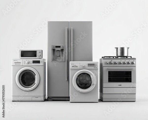 Fototapeta Array of kitchen & laundry appliances, gray scale, modern, on a white background