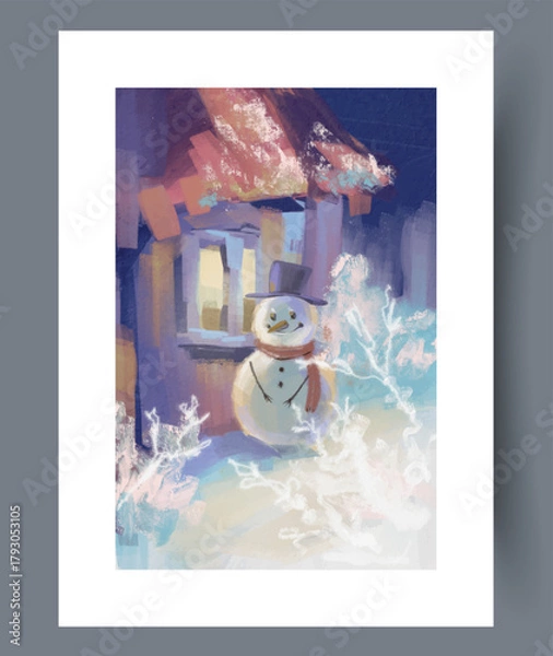 Obraz cozy winter holiday, idyllic winter landscape showcasing snowman amidst frosty nature and warm light