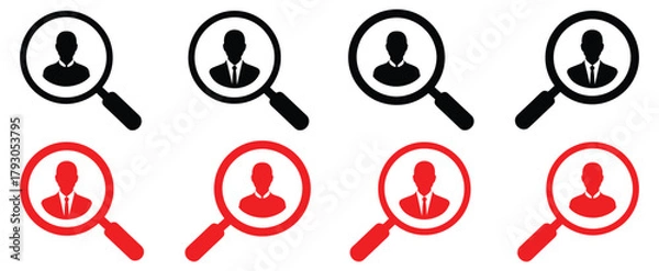 Obraz Professional team search icons with magnifying glass highlighting business people candidates,Hiring icon set illustration. Human resources sign and symbol. Profile Searching and Recruitment vector