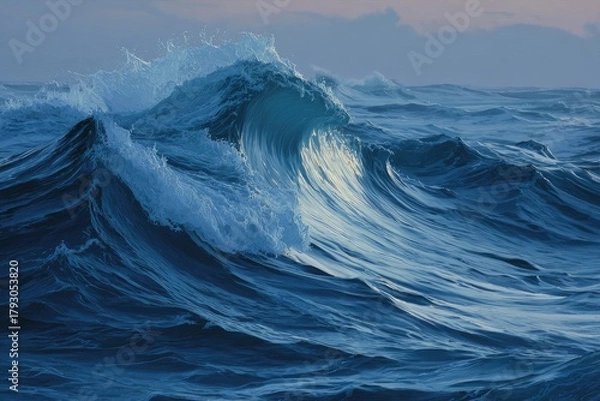Fototapeta Powerful ocean wave cresting, illuminated in soft twilight