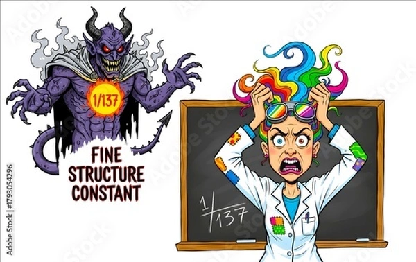 Obraz Funny illustration of frustrated colorful hair female scientist grabbing her hair with fine structure constant number 1/137 on a black board, demon also present