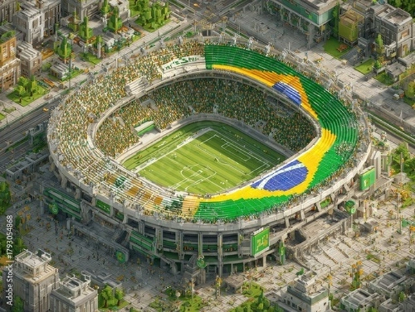 Fototapeta Pixelated soccer stadium with Brazilian flag motif in dense urban scenery