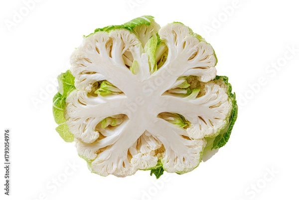 Fototapeta Close-up of a cauliflower floret cross-section.  Fresh,  pale yellow-white florets radiating outward from a central core, surrounded by bright lime-green leaves