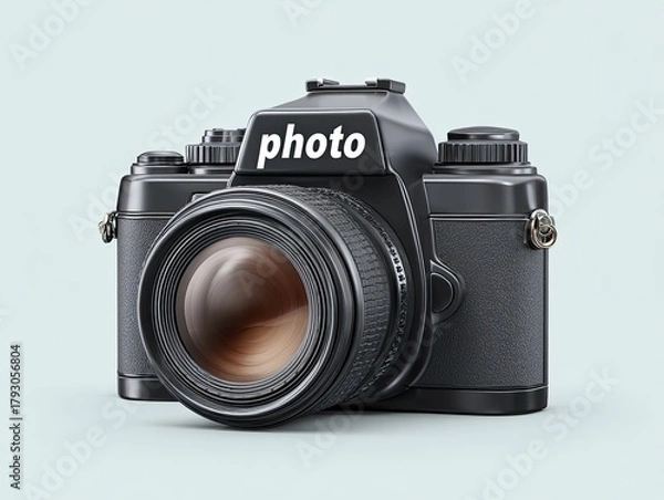 Fototapeta Black retro camera with large lens, labeled "photo" on top