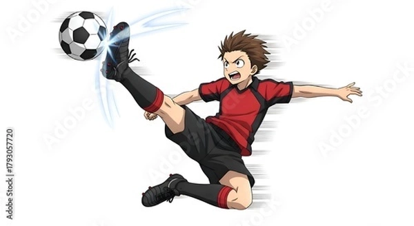 Fototapeta Dynamic Soccer Player Kicking Ball with Energy.