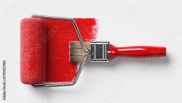 Fototapeta Red roller, brush, painted streak on white. Tools for paint application seen above