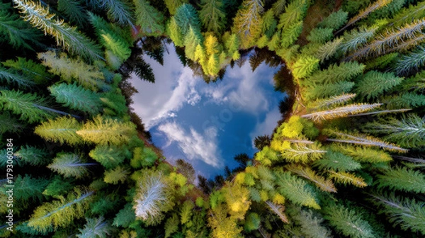 Fototapeta Heart shaped forest pond reflecting sky and clouds