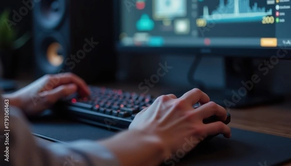 Fototapeta Overtheshoulder Gaming Handset with Icon Hud and Blur