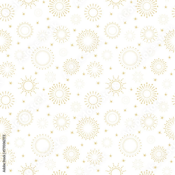 Obraz Golden fireworks on a white background, seamless pattern, festive pattern template, vector illustration. Christmas winter element for design, labels, packaging, fabric, wrapping paper, wallpaper