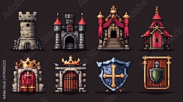 Fototapeta Pixel Art Collection of Castle Structures and Medieval Icons