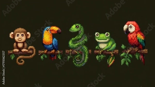 Fototapeta Colorful Jungle Scene with Animals and Nature Elements in Pixel Art
