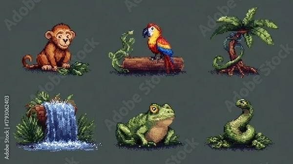 Fototapeta Colorful Pixel Art Animals in Lush Jungle Environment