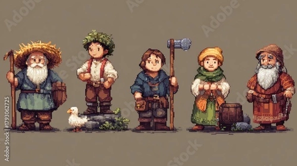 Fototapeta Charming Pixel Art Characters in Medieval Fantasy Setting