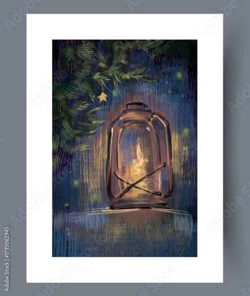 Obraz warm nostalgic scene, rustic glow with glowing star, serene scene with candle and evergreen