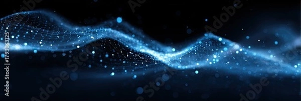 Fototapeta Glowing blue wave with dots and grid on black background, abstract