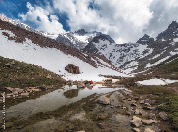 Fototapeta A crystal clear glacial, moraine lake located in the high-altitude circus of the Trans-Ili Alatau among snow-capped peaks, reflecting the harsh mountain landscape in cold water.