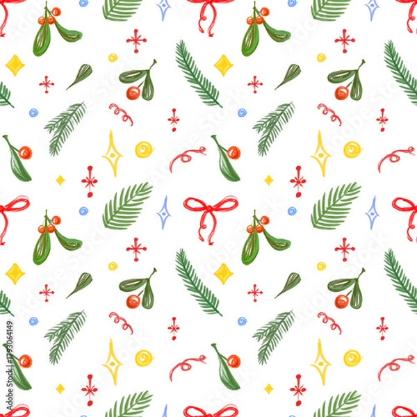 Obraz Seamless Christmas pattern, cute doodle holiday elements, holly, bows, fir branches, garlands, transparent background. wrapping paper, greeting cards, festive packaging, fabric print