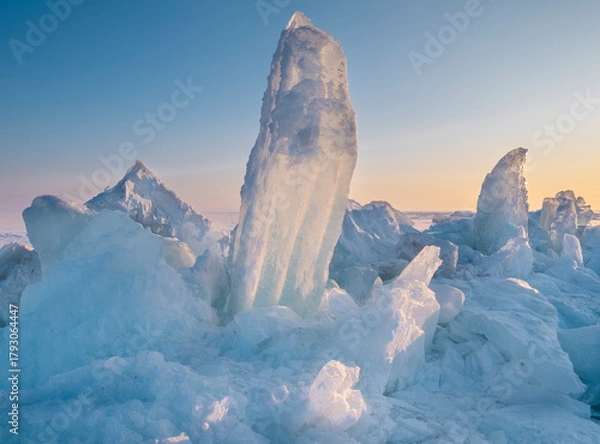 Fototapeta Majestic ice hummocks on a frozen lake at sunset or sunrise. The natural wonder of winter