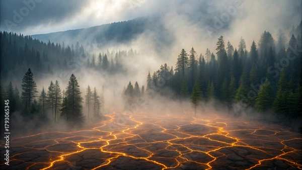 Obraz Volcanic Lava Flow Through a Misty Forest with Pine Trees image photo Background