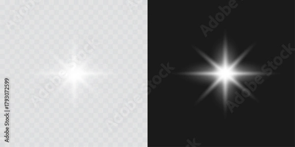 Obraz Shining silver star with radiant white glow and sparkling flare effect. Elegant glowing starlight vector perfect for Christmas decorations, festive artwork, and luminous digital light overlay designs.