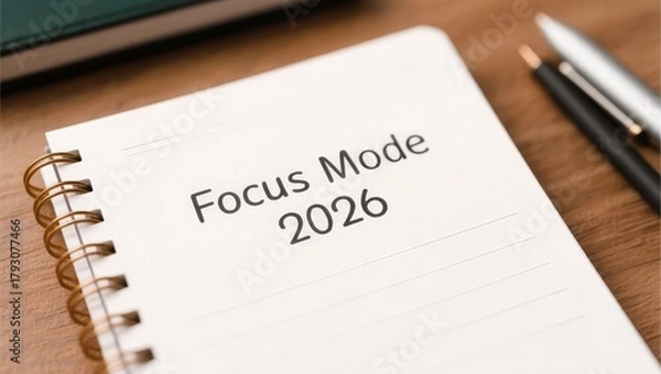 Fototapeta Focus Mode Journal for 2026 with Blank Pages and Stationery Items