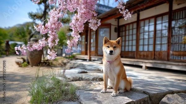 Obraz Shiba inu dog sitting in a traditional japanese garden with blooming cherry blossoms during spring