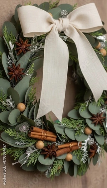 Obraz Handcrafted Christmas wreath with natural greenery, spices and linen bow

