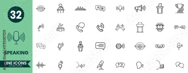 Obraz Speaking Line Icons Set. Communication and Public Speaking Outline Vector Symbols
