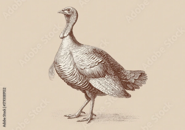 Fototapeta Turkey, sketch. Vintage retro print, turkey sketch ink pencil style drawing, linear drawing for Thanksgiving Day, engrave old school. Sketch artwork silhouette turkey. Side view profile. Illustration