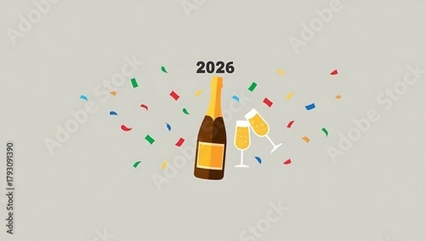 Obraz 2026 New Year celebration champagne bottle and glasses confetti