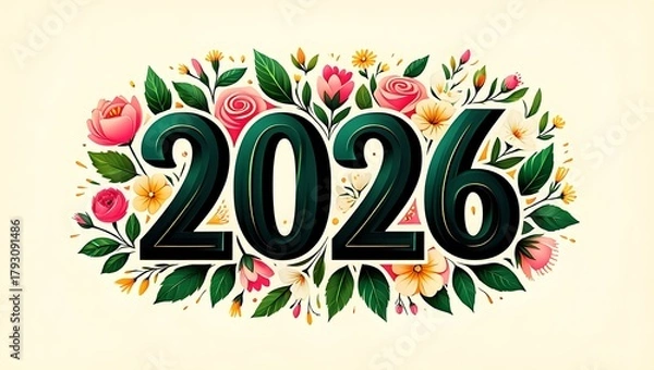 Obraz 2026 numbers surrounded by pink and yellow flowers and green leaves